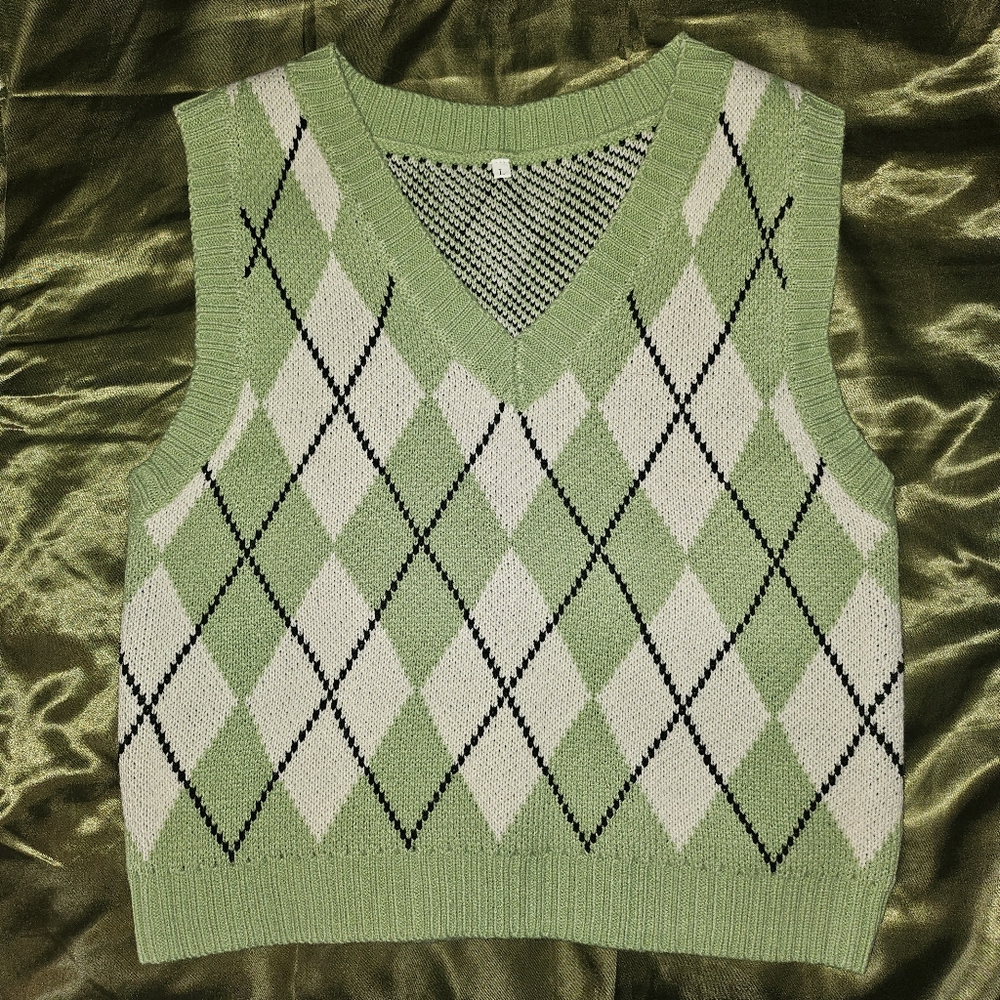 Green Argyle Knit Sweater Vest